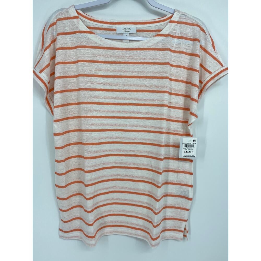 Charter Club Luxury Linen Womens White Coral Striped Top Blouse Shirt NEW Small